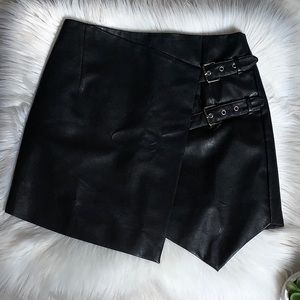 Black Faux Leather Asymmetric Mini Skirt with Buckle Details
